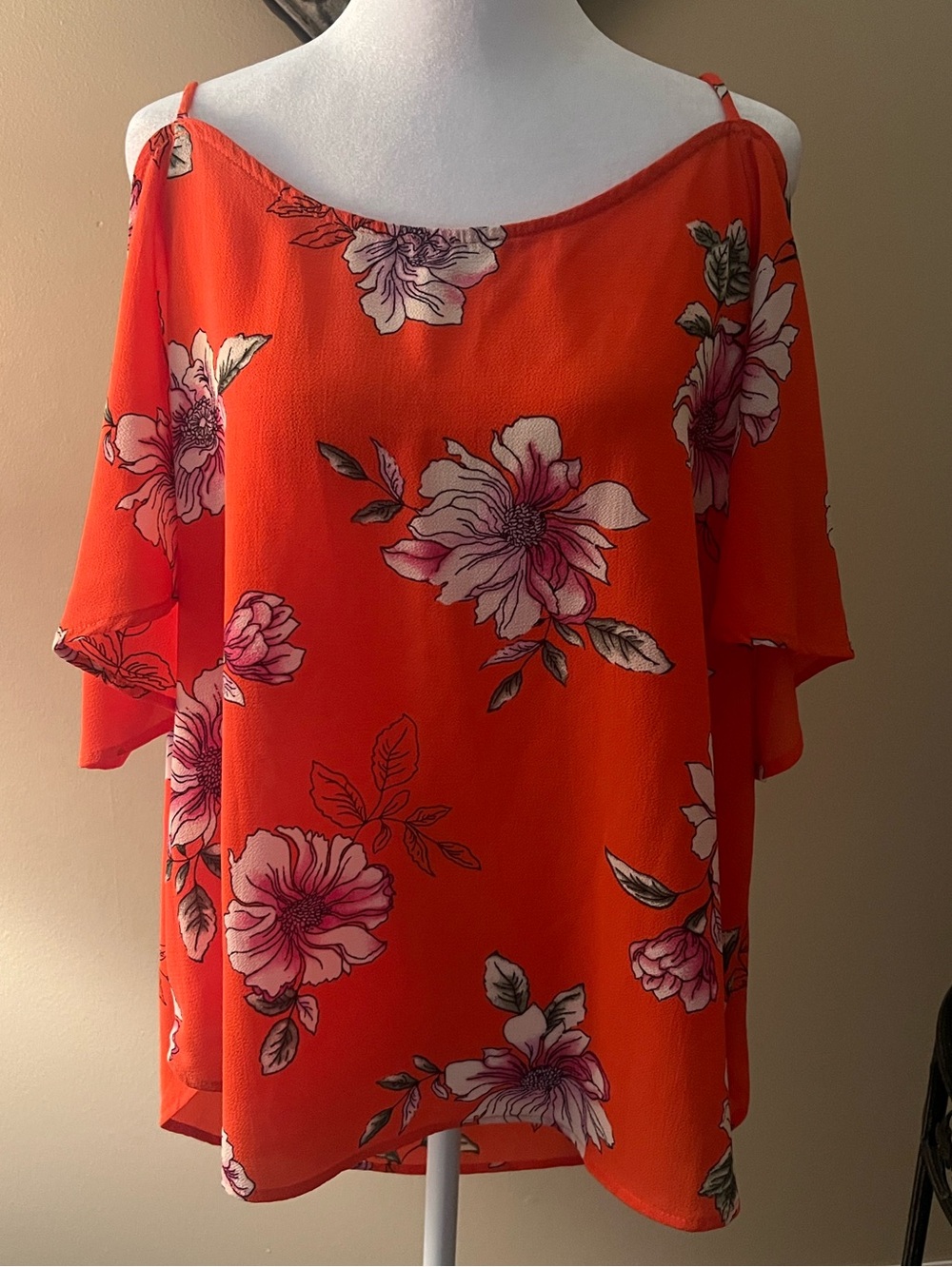 Kaileigh Bright Orange Floral Cold-Shoulder Blouse NWT
